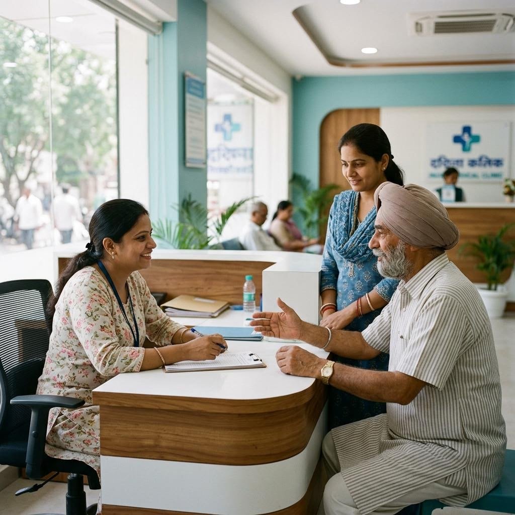 Illustrative photograph of a patient speaking with clinic staff at a reception desk